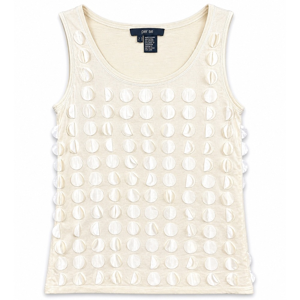 Per Se Silk Blend Textured Dot Tank Top Womens S Ivory Sleeveless Applique Knit - Picture 4 of 5